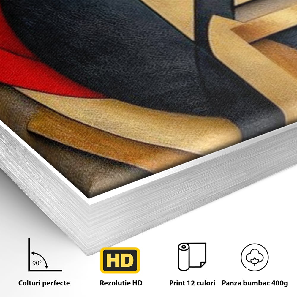 Detaliu al suprafetei: tablou canvas cu chip stilizat geometric, in rama de aluminiu argintiu